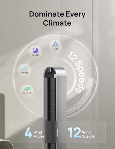 DREO Smart Tower Fan for Bedroom, 120° Oscillating Fan, 20dB Quiet DC Motor | 28ft/s Airflow, 12 Speeds, 4 Modes Bladeless Standing Fan, 12H Timer Cooling Fan for Home, Living Room, App & Alexa Control - color: Silver