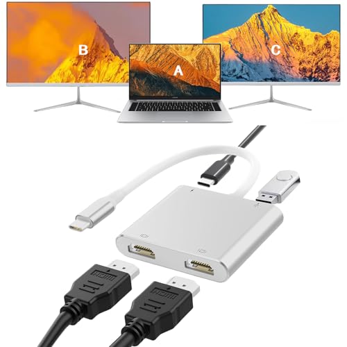 USB C to Dual HDTV Adapter,Silver 4K@60Hz with 100W PD, USB-A, Support C to 2 HD Splitter Extended Display for Type C Devices (MST is not Supported on MacOS) - color: Silver