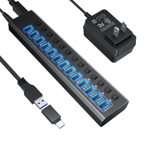 Powered USB Hub 3.0, Leinsis 13-Port USB 3.0 Hub [Durable Aluminum] 9 Data Transfer Ports+ 4 Smart Charging Ports with Individual On/Off Switches, USB Hub 3.0 Powered with Power Adapter for Laptop PC - size: 13-Port USB 3.0 Hub