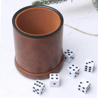 Brown PU Leather Dice Cup Set, Felt Lined Dice Shaker with 6 Dice for Liars Farkle Yahtzee Game - color: Patterned Brown