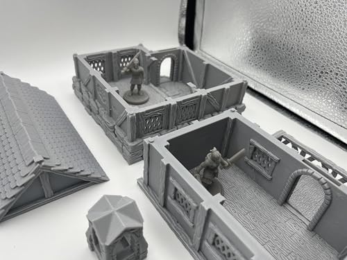 Hautico Town Building Terrain Set for 28mm Tabletop Miniature Wargames, Compatible with DND, 3D Printed and Paintable (Little Town Two-Floor House)