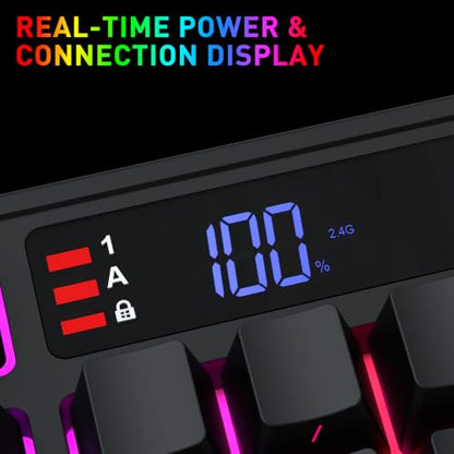 Redragon K526 PRO RGB Wireless Membrane Gaming Keyboard, 104 Keys Mechanical-Feel Keyboard w/LED Info Display, Media/Backlit Knob Control, Linear Switch & Software Supported (Side Printed Font) - color: Black (Side Printed)