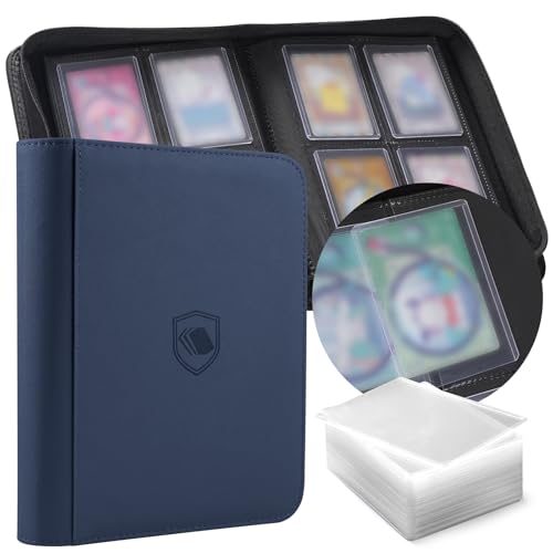 Toploader Binder, Holds 160 Toploaders, 100 Toploaders INCLUDED, 4-Pocket PU Cover Top Loader Binder for 3" x 4" Rigid Toploader, Ringless Double-Sided Toploader Card Binder for TCG, Sport Cards - color: Blue, size: 4 Pocket