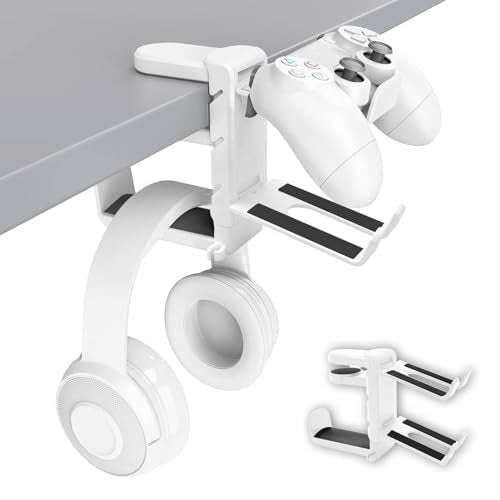 Rotating Headphone Stand with 360° Swivel - Adjustable Clamp-on Under Desk Headset Holder, Universal Gaming & Office Headphone Hanger (White) - color: White