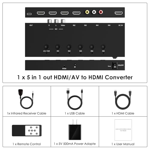 5 in 1 Out HDMI/AV Switch, 4K-HD MI+1AV to HDMI Converter Support HDR & HDCP 2.2 & Full 3D with IR Remote Control Compatible with Sega/Xbox/PS1/PS2/Nintendo Switch,Xbox,PS5/PS4,Roku,Apple TV - size: 1AV+4HDMI to HDMI Converter