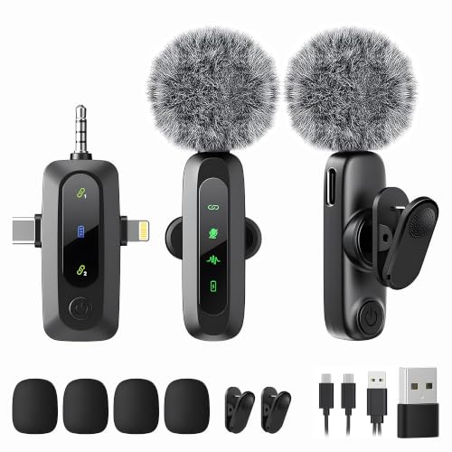 KOUQIYA Wireless Mini Microphone for iPhone/Android/Camera, 2 Pack Lavalier Lapel Mic for Audio Video Recording, Clip on Content Creator Microphones for YouTube Tiktok Podcast Vlogging Interviews - color: Black LED（3 in1）