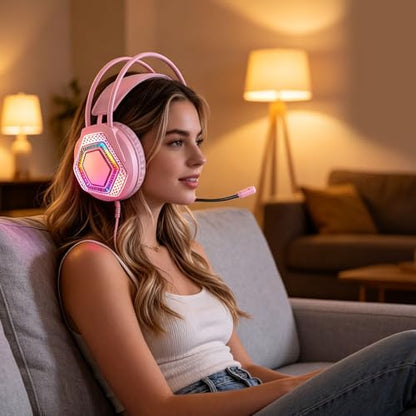 ASHATA Wired Gaming Headset, Computer Headset with Noise Cancelling Mic, 7.1 Surround Sound RGB Headphones 50mm Driver Unit Memory Foam Earpads, 3.5mm Wired (Pink) - color: Pink