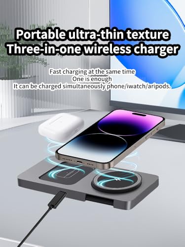 3-in-1 Foldable Wireless Charging Station for iPhone, Apple Watch, AirPods, Aluminum Alloy Frame, 15W Fast Charging, 0-180 Adjustable Stand, Qi Magnetic Wireless Charger (Gray)