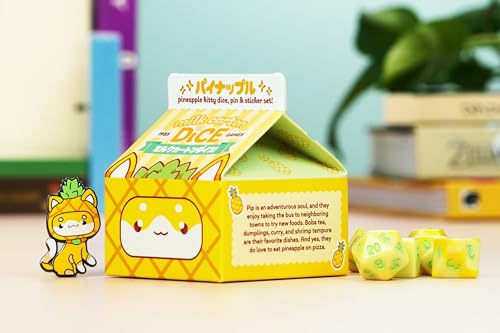 1985 Games Pineapple Kawaii Cat Dice Set – Milk Carton-Inspired Dice for DND | TTRPGs & Tabletop Roleplaying - color: Pineapple