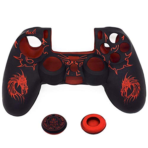 Skin for PS4 Controller, BRHE Anti-Slip Grip Silicone Cover Protector Case Compatible with PS4 Slim/Pro Wireless/Wired Gamepad Controller with 2 Dragon Carving Thumb Grip Caps - color: Red