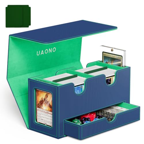 UAONO 3-in-1 MTG Commander Deck Box, Blue Green | 2 Magnetic Card Holders & 1 Dice Tray, Fits 200 Double Sleeved, Card Organizer Compatible with Magic the Gathering - color: Blue&Green