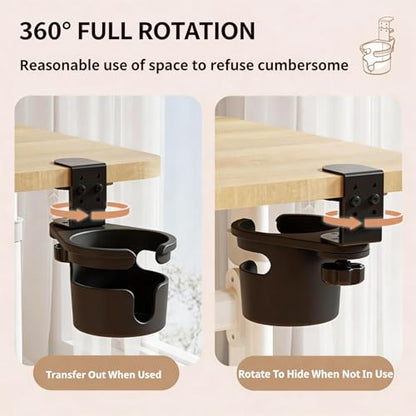 No Drill Desk Cup Holder Clamp, 360° Rotating Anti-Spill Table Cup Holder, Adjustable Clip on Cup Holder for Gaming Desk, Gamer Gift, Drink Holder for Coffee Cup, Office Accessories