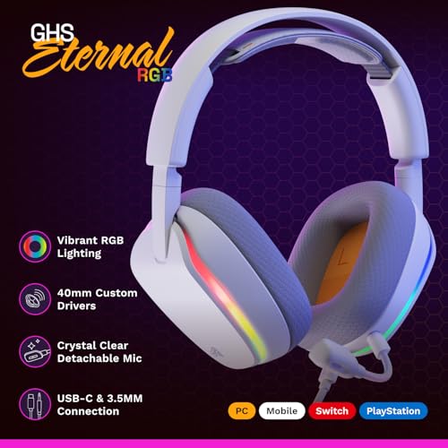 GLORIOUS GHS Eternal RGB - Stereo RGB Gaming Headset for PC, PS5, PS4, Switch - Custom Tuned Angled Drivers, Adjustable Crystal Clear Detachable Mic, USB-C - Durable, All Day/Night Comfort - White - color: White RGB