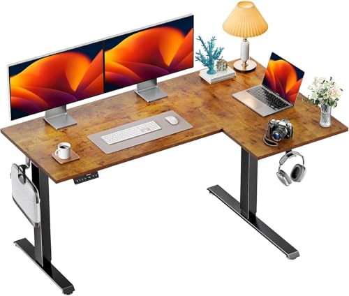 HUANUO Dual Motor 63x40 inch L Shaped Electric Standing Desk with 3 Preset Heights, Electric Height Adjustable Computer Table, 2 Hooks & Cable Tray, Raising Desk for Home Office, Vintage Brown - color: Vintage Brown, size: 63" x 40"