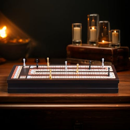 BIVOMON Wooden Cribbage Board Game Set with Large Storage Area, 3 Track Cribbage Board, 9 Metal Pegs｜2 Playing Cards｜Magnetic Lock, Family Travel Portable Tabletop Game for Adults & Kids (Instruction)