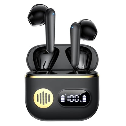 CoolJumper Wireless Bluetooth 6.1 Earbuds with Real-Time AI Assisted Translation, Digital LED Charging Case Waterproof Sport in Ear Headphones for Travel Gym Running - color: black gold