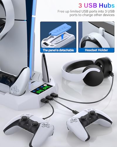 PS5/PS5 Slim/PS5 Pro Stand and Cooling Station with Dual Controller Charging Station for PlayStation 5 Console, PS5 Accessories Incl. Controller Charger, Cooling Fan, Headset Holder, 3 USB Hub, White - color: White