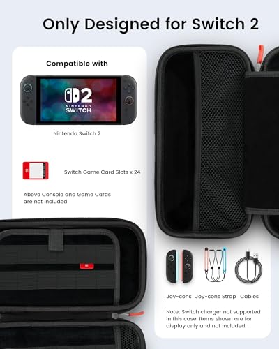 TRANSNOVO Carrying Case for Nintendo Switch 2 2025 - Protective Hard Shell Portable Switch 2 Travel Case Pouch with 24 Game Card Slots and Large Capacity Storage for Console & Accessories, Black - size: Single Case