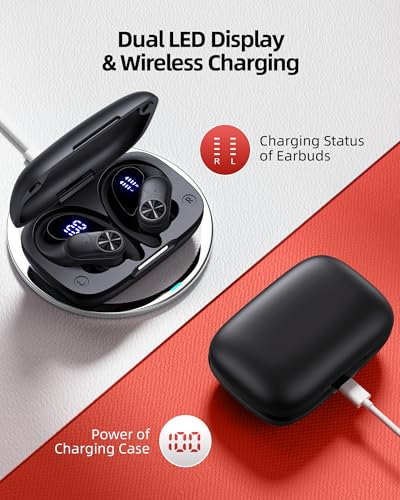 PocBuds Bluetooth Headphones Wireless Earbuds 80hrs Playtime Wireless Charging Case Digital Display Sports Ear Buds with Earhook Deep Bass IPX7 Waterproof Over-Ear Earphones for TV Phone Laptop Black - color: Black, style: Standard