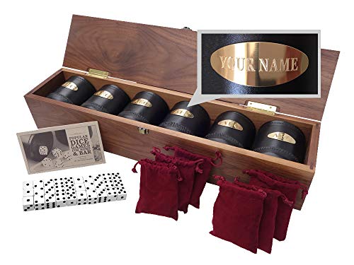 Golden Gate Professional Dice Cup Set - 6 Leather dice Cups in Walnut Case with 30 Dice & Dice Games Book (Includes Liar's Dice) for Yahtzee/Farkle/Bar Party Dice Games - Personalized Brass Plates - style: Six-Personalized Leather Dice Cups in Walnut Case