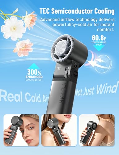 Polvntrd Portable Handheld Fan, Ice Cooling Plate, Cold Air Rechargeable AC | Mini Turbo Personal Fan, Wearable Foldable Travel, Menopause Gadgets, 199 Speeds 26000RPM, LED Light, Outdoor Gift - color: matte black