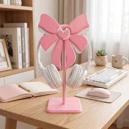 Pink Bow Headphone Stand for Desk - Upgraded Aluminum Alloy & Wood Gaming Headset Holder,, Cute Gamer Girl Gifts for Women, Girls, Wife, Office Decor with Anti-Slip Base (Pink Bow)