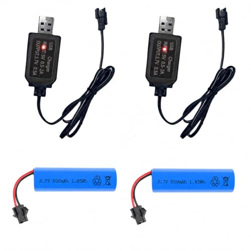 2 Pack 3.7V 500mAh Rechargeable Batteries with Dual Protection and USB Charger Cables, SM-2P plug Design, Universally Compatible with Various Remote Control Cars Trucks, Stunts, and RC Toys