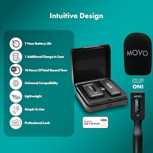 Movo WMX-2 Wireless Lavalier Microphone Lapel Mic with Charging Case and WMX-HM Handheld Adapter - Lav Mic, Lapel Microphone 2.4GHz for Camera, Vlogging, DSLR, and Content Creators (USB-C Single) - style: USB-C Single