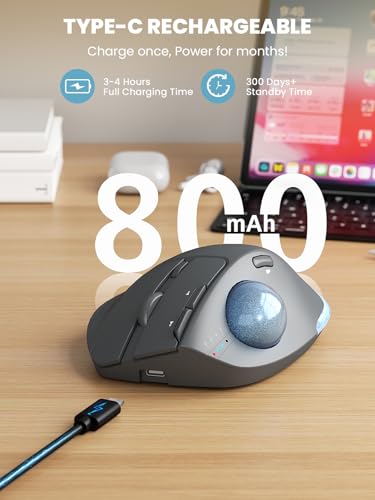 Wireless Trackball Mouse, Adjustable Angle Rechargeable, Backlit-Gray Mouse | MAM1 Pro Ergonomic Mouse Rollerball Thumb mice with 5 Level DPI, 3 Devices Connection (USB & Bluetooth ) for PC, Windows - color: Gray Mouse