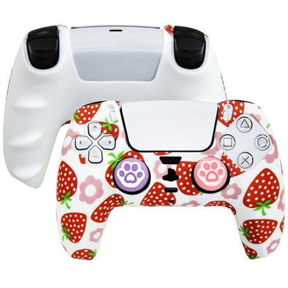 Strawberry Silicone Cover for PS5 Controller - Anti-Slip Protective Skin Grip with 2 Thumb Caps | Cute Pink Kawaii Gaming Accessory (Soft Touch, Washable) - color: Pink Strawberry