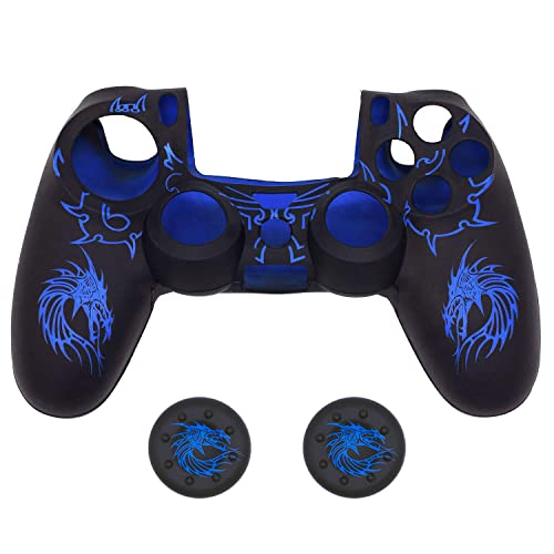 Skin for PS4 Controller, BRHE Anti-Slip Grip Silicone Cover | Protector Case Compatible with PS4 Slim/ Pro Wireless/Wired Gamepad Controller with 2 Dragon Carving Thumb Grip Caps - color: Blue