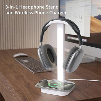 3 in 1 Gaming Headphone Stand with Wireless Charger, Desktop Headset Holder Hanger Rack, Wireless Charging Station Compatible for iPhone Series, PS5, Xbox, PC Gaming Desk Accessories - color: Black