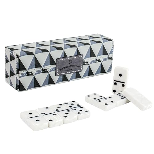 Dominos Set for Adults, Double 6 Domino Set, 28 Jumbo Marbleized White Tiles, Dominoes Set for Adults and Kids - Classic Board Games for Family & Travel (in Rhomb Pattern Leather Case) - color: White