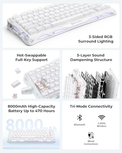GravaStar Mercury K1 75% Wireless Mechanical Gaming Keyboard RGB Backlit | Gasket Mount, Hot Swappable Linear Switches, Creamy Sound Keyboard, 2.4GHz/USB-C/Bluetooth 5.0, for Win/Mac【Opaline White】 - color: Opaline White