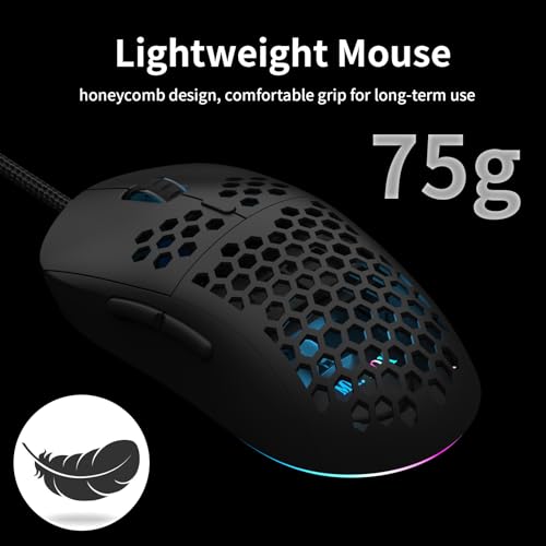 MR.FOX M1 Ultralight Honeycomb Gaming Mouse Wired, 75g Lightweight, 12,800 DPI Optical Sensor, RGB Lighting with Music Sync, 6 Programmable Buttons, Braided Cable, Gaming Mouse for PC/Mac, Black - color: Black