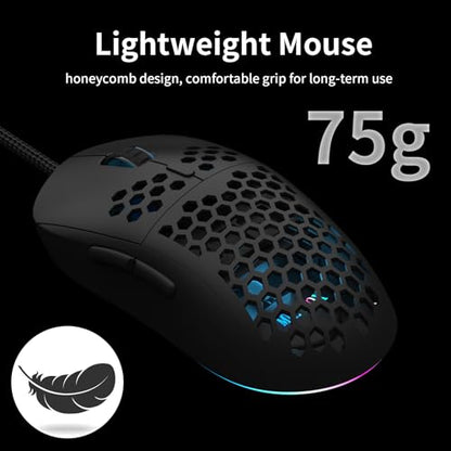 MR.FOX M1 Ultralight Honeycomb Gaming Mouse Wired, 75g Lightweight, 12,800 DPI Optical Sensor, RGB Lighting with Music Sync, 6 Programmable Buttons, Braided Cable, Gaming Mouse for PC/Mac, Black - color: Black