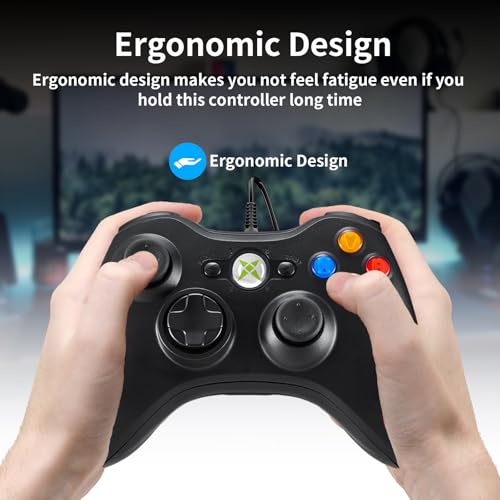 NBCP Wired Controller – Compatible with Xbox 360, Xbox 360 Slim & PC Windows 7/8/10, with Dual Vibration Feedback, Ergonomic Design for Gaming - color: Black for Xbox 360