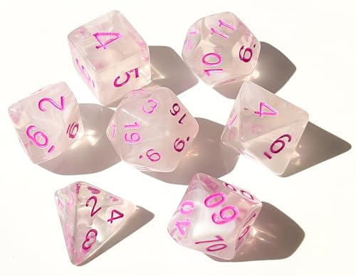 Cute Pink Smoke DND Dice Set of 7pcs (Ivory-Pink) | Acrylic Transparent Polyhedral Dice Set for RPG, DND Accessories, Dungeons and Dragons, MTG – D20 System Games - color: Ivory & Pink