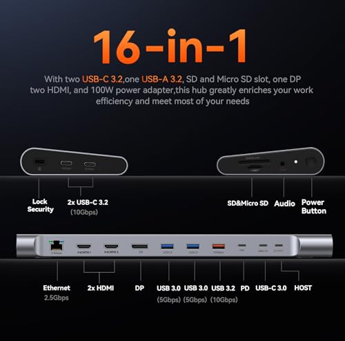 TobenONE Laptop Docking Station 3 Monitors,Triple 4K Display,10Gbps USB C/A | Laptop Stand Docking Station with 2 HDMI & DP,100W Power,2.5Gbps Ethernet,SD/TF 4.0,Audio,Fits Windows/Dell/HP/Lenovo Laptops