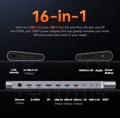 TobenONE Laptop Docking Station 3 Monitors,Triple 4K Display,10Gbps USB C/A | Laptop Stand Docking Station with 2 HDMI & DP,100W Power,2.5Gbps Ethernet,SD/TF 4.0,Audio,Fits Windows/Dell/HP/Lenovo Laptops