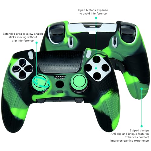 Green Black Anti-Slip Controller Skin,Studded Edition Protective Silicone Cover Skin Grips Compatible with PS5 Edge Controller and 6 PCS Thumb Grips Caps. - color: Green Black