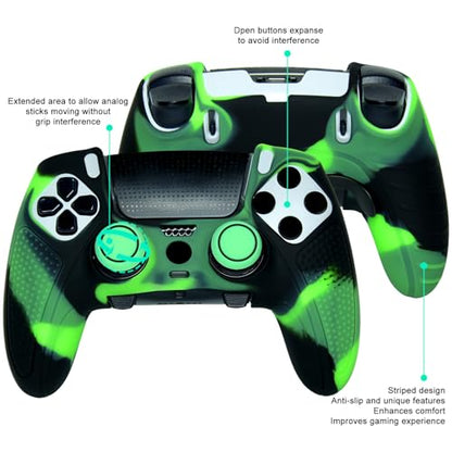 Green Black Anti-Slip Controller Skin,Studded Edition Protective Silicone Cover Skin Grips Compatible with PS5 Edge Controller and 6 PCS Thumb Grips Caps. - color: Green Black