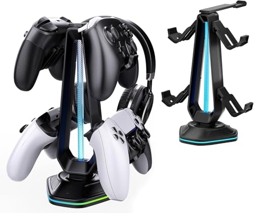 Saitake RGB Controller Stand, Gaming Controller Holder with 9 Light Modes, 2 USB Charging Ports, Headset Stand, Desk Organizer for Xbox PS5 PS4 Switch PC, 4 Controllers & 1 Headphone (Black) - color: Black