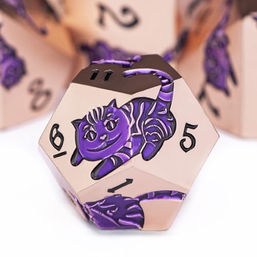 Metal DND Cat Dice 7PCS Polyhedral RPG Dice Set with Gift Case for Dungeons Dragons Role Playing Game, D and D Dice D6 D8 D10 D12 D20 D% (Copper Purple) - color: Cat-copper Purple