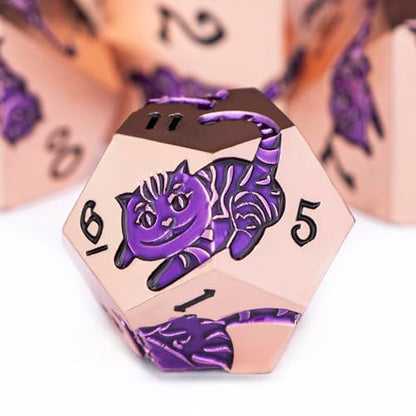 Metal DND Cat Dice 7PCS Polyhedral RPG Dice Set with Gift Case for Dungeons Dragons Role Playing Game, D and D Dice D6 D8 D10 D12 D20 D% (Copper Purple) - color: Cat-copper Purple