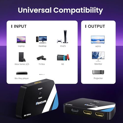 NEWCARE HDMI 2.1 Switch 2 in 1 Out with 2.6ft 8K Cable, HDMI Switcher 4K@120Hz, Bi-Directional HDMI Splitter Supports 8K@60Hz HDR10+ 3D Dolby VRR HDCP2.3 for TV PS5 Xbox Laptop Projector