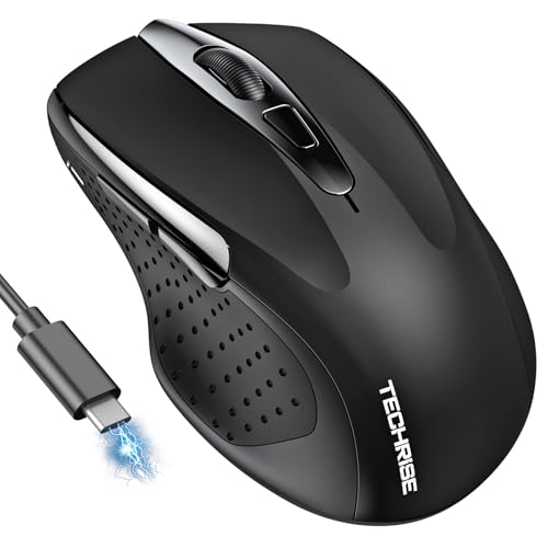 TechRise Bluetooth Mouse (BT5.0/3.0 & 2.4G) Rechargeable Wireless Mouse, 4800 DPI Optical Tracking, 6 Adjustable DPI, 2.4GHz with USB A Receiver, Quiet Clicks, Ergonomic Grips, 6 Buttons - Black - color: Black