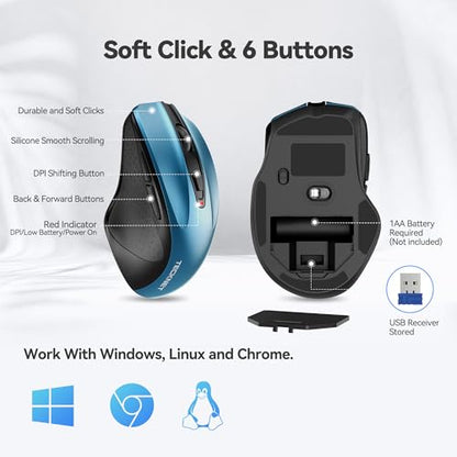 TECKNET Wireless Mouse, 2.4G Ergonomic Computer Mouse, 2600 DPI, Azure | Ergonomic Design with Side Grips, Adjustable DPI, 2-Year Battery, Compact Size, USB-A Plug & Play, Wide OS Compatibility - color: Azure