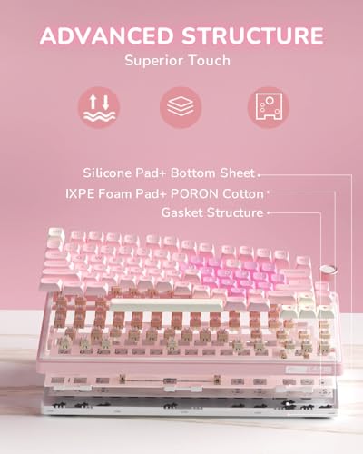 RK ROYAL KLUDGE R75 Mechanical Keyboard Wired with Volume Knob, 75% Keyboard Gasket Mounted, Hot Swappable, Creamy Sound, MDA Profile, PBT Keycaps, Pink - color: pink
