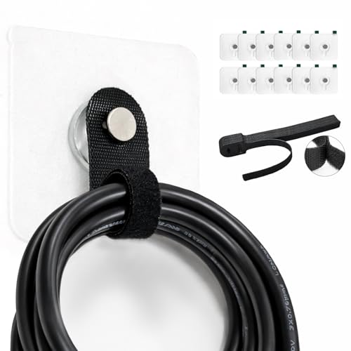Cord Organizer with Adhesive Hooks, Reusable Cable Management for Desk & TV, Adjustable Hook and Loop Cable Ties, Easy Install & Remove, Under Desk Wire Organizer -12 Hooks + 20 x 5“ Straps - style: Hook-and-loop